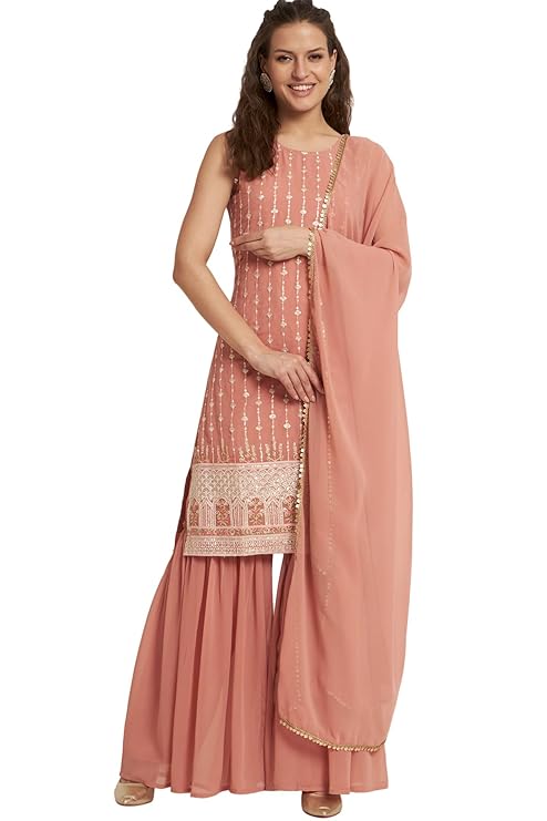 shopping queen women's georgette straight kurta sharara set with dupatta shopping queen women's georgette straight kurta sharara set with dupatta