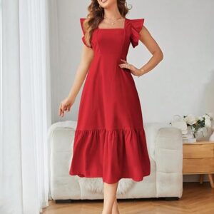 Home shasmi girl's & women's solid color square neck, ruffle trimmed hem sleeveless, ruffle armhole and casual dress with cinched waist vacation outfits woman (dress 162)